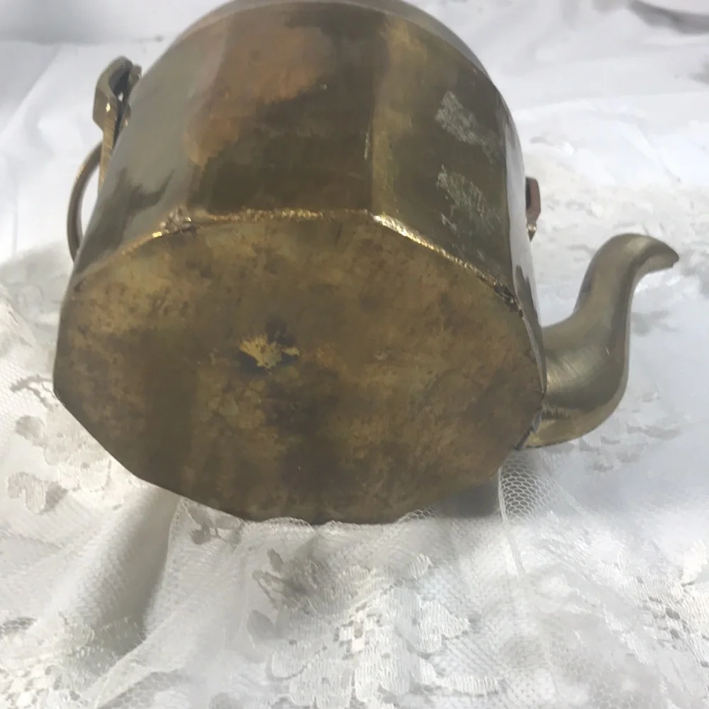 Vintage Brass Hand Crafted Teapot with Handle and Fitted Lid